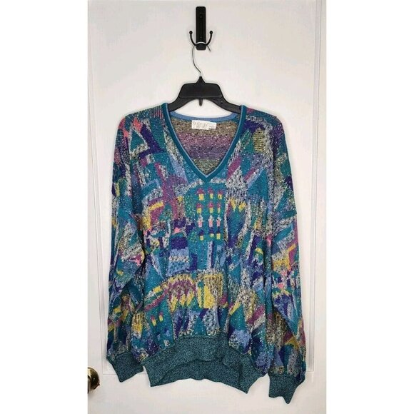 Vintage St Croix Mens Abstract Cotton Blend V-Neck Sweater Colorful Large USA - Picture 1 of 4